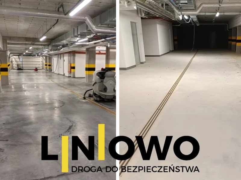 Maszynowe doczyszczanie posadzki z oznakowaniem poziomym w garażu podziemnym