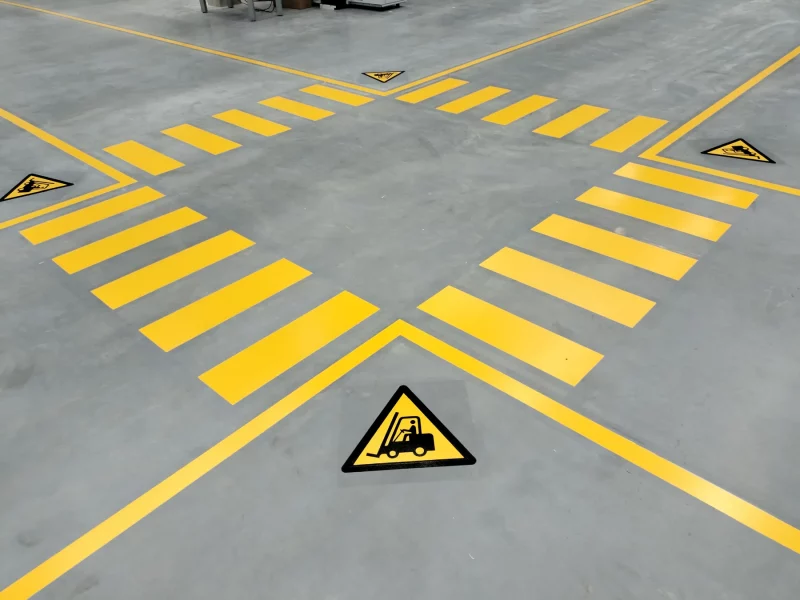 Skrzyżowanie dróg transportowych z przejściami dla pieszych i znakiem ostrzegającym przed wózkami